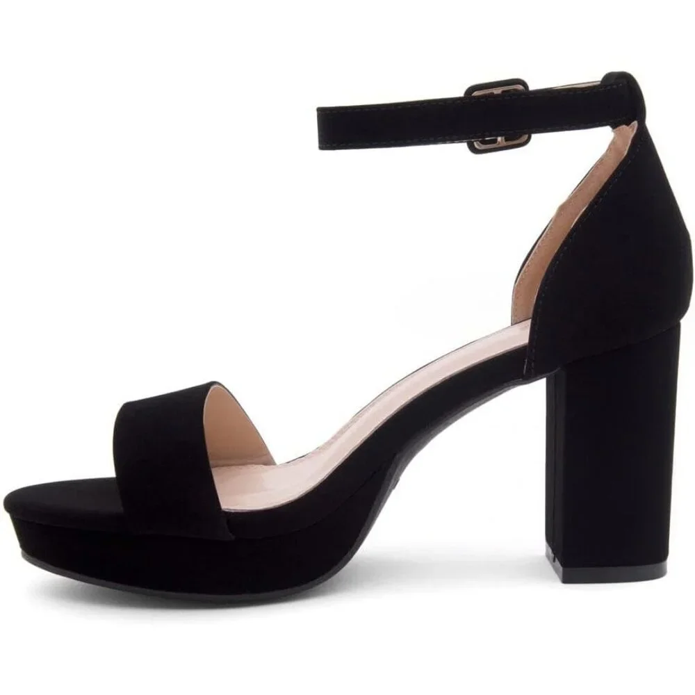 Women's Black Chunky Block Ankle Strap Stylish Comfortable Open Toe Strappy Heel
